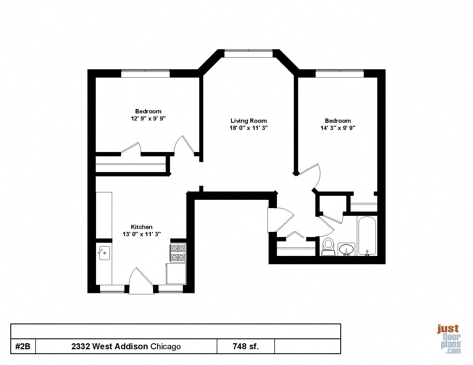 Floor plan for 2 beds, 1 bath, 768 sqft